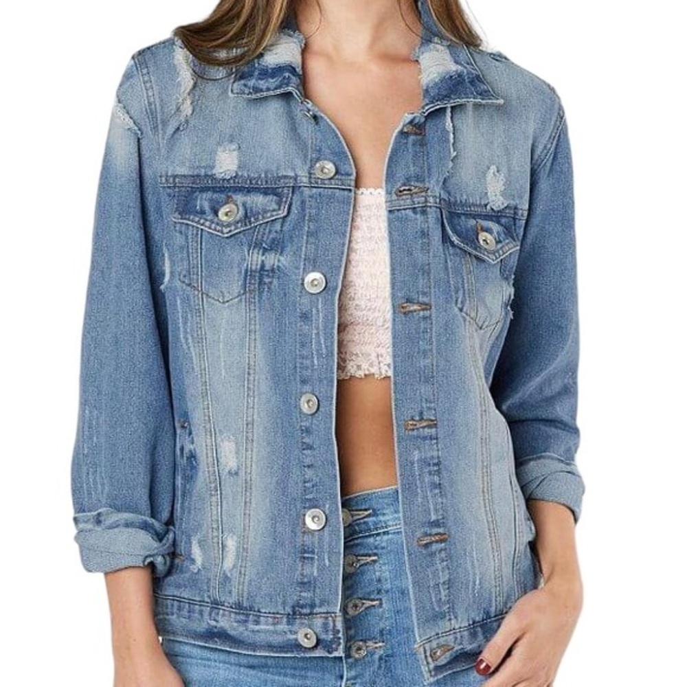 Ci Sono Boyfriend Distressed Ripped Denim Jacket